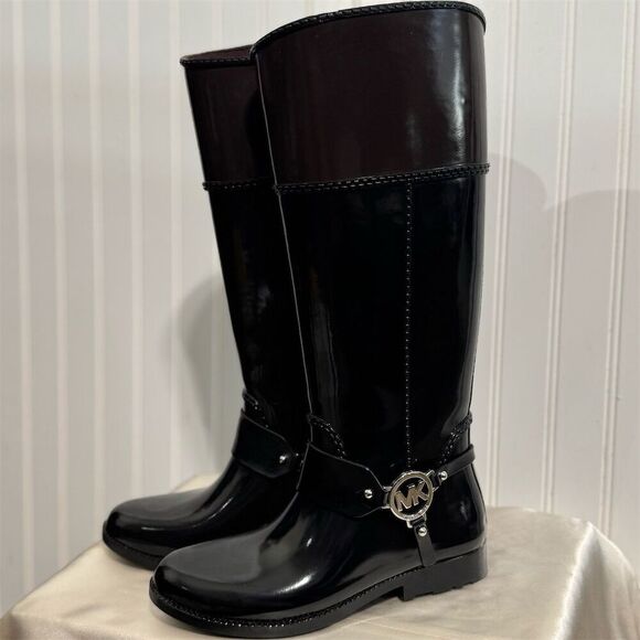 Michael Kors Black Brown Logo Harness Rain Riding Boots Size 7M Rubber Tall MK - Picture 1 of 8